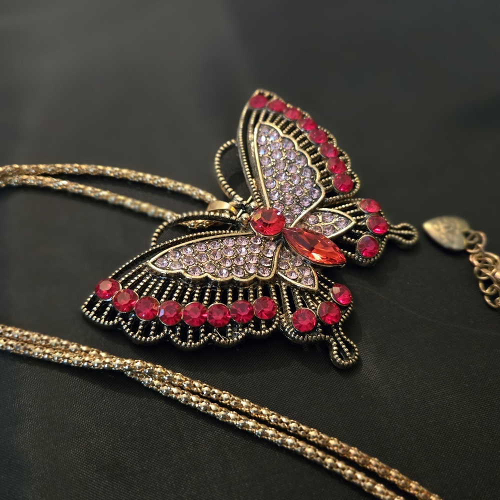Betsey Johnson Pink and Red Butterfly Necklace - Picture 4 of 6